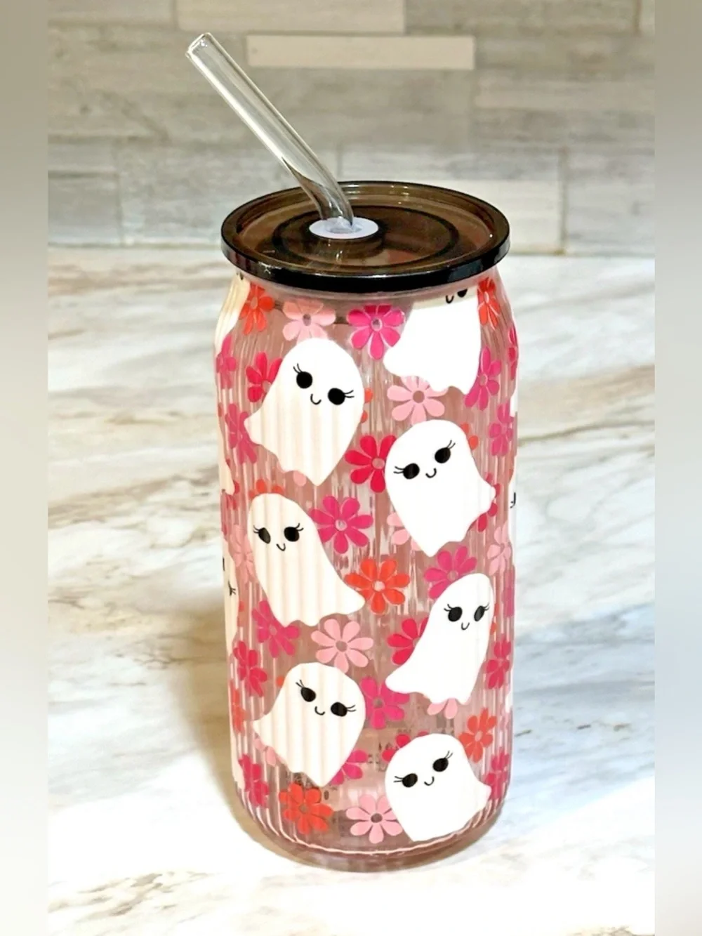 20 Ounce Halloween Pink Glass With Ghosts and Flowers Print Lid and Straw